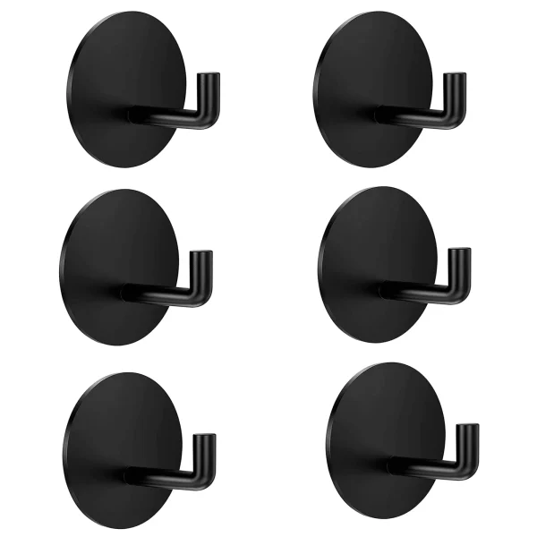 Rongsi Adhesive Wall Hooks, 6 Pack Heavy Duty Sticky Holder Waterproof Aluminum Towel Hooks for Hanging Coat, Hat, Key, Closet Hook Wall Mount for Bathroom, Bedroom, Kitchen (Black)