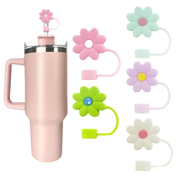 Silicone Straw Covers Cap Compatible with Stanley 30&40 Oz Cup, 10mm Cute Flower Straw Toppers for Tumblers, Dust-Proof Drinking Straw Caps for Reusable Straws Tips Lids 5 PCS