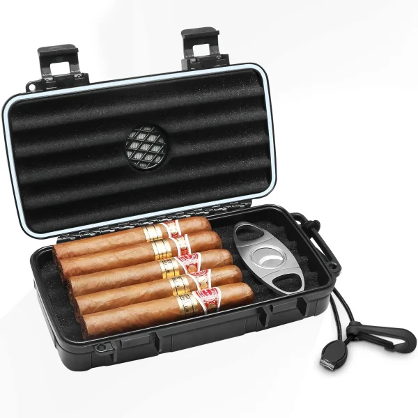 Travel Cigar Humidors Case,Portable Humidor Box Cigar Kit with Built-in Humidifier Disc & Cigar Cutter Cigar Accessories,Holds up to 5 Cigars,Cigar Waterproof Case, Crushproof, Airtight Seal