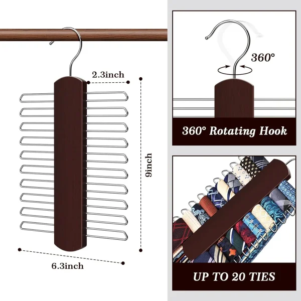 2 Pack Tie Rack for Closet, Premium Wooden Necktie Organizer Storage Tie/Belt Hanger, 360 Degree Swivel Space Saving Ties Holder for Men Hanging 40 Ties, Scarves Red - Image 2