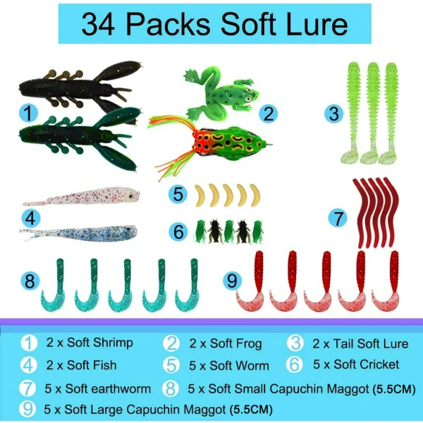 Genreen Fishing Lures Kit, (94Pcs) Spoon Lures, Soft Plastic Worms, Frog Lures, Bait Tackle Kit for Freshwater and saltwater fish - Image 4