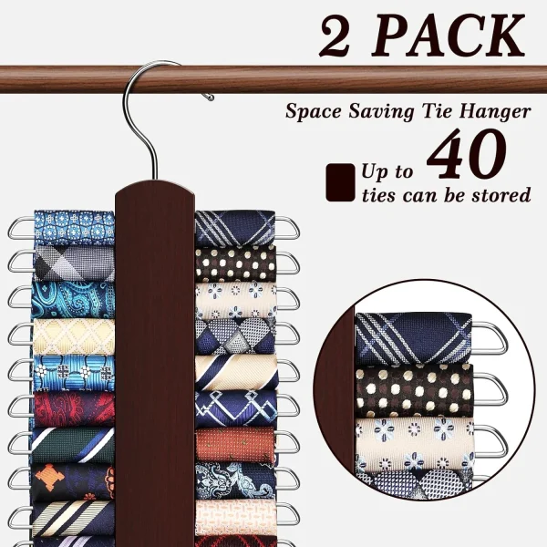 2 Pack Tie Rack for Closet, Premium Wooden Necktie Organizer Storage Tie/Belt Hanger, 360 Degree Swivel Space Saving Ties Holder for Men Hanging 40 Ties, Scarves Red - Image 4