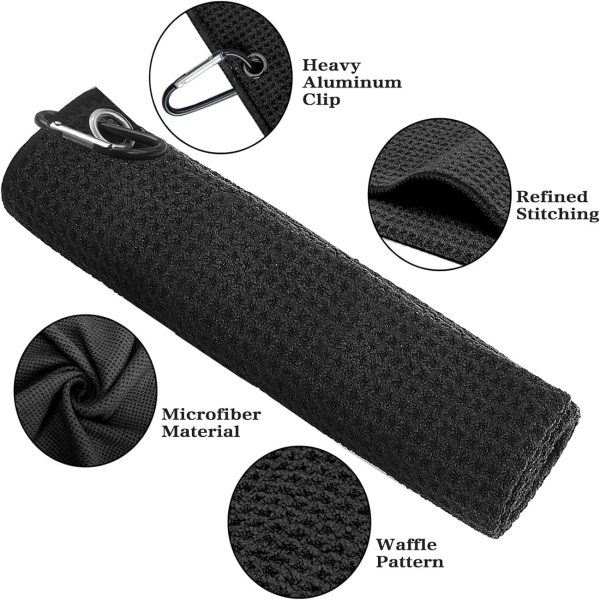 2 Pack Golf Towel (16" X 16") with Golf Club Brush, Genreen Microfiber Waffle Pattern Golf Towels for Golf Bags for Men,Essential Golf Combo Cleaning Kit (Black+Gray) - Image 3