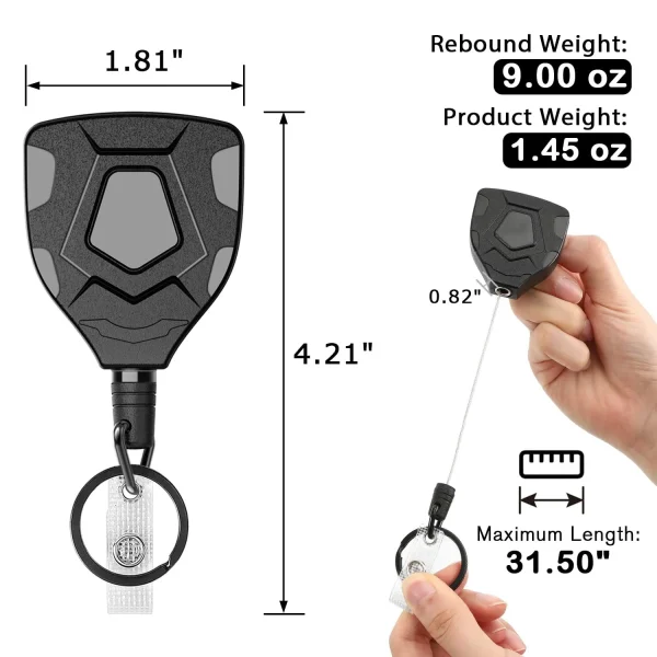 Heavy Duty Retractable Keychain with Belt Clip, Retractable ID Badge Reel, Retractable Badge Holder with 31.5” Steel Cord and Key Ring, 9.0oz, 1-Pack, Black - Image 3