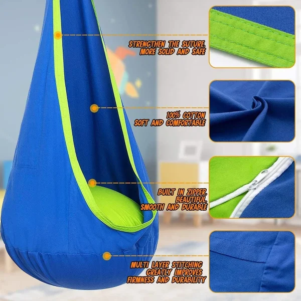 Holytech Kids Pod Swing Seat, Hanging Hammock Chair with Inflatable Pillow, Sensory Swing Chair with Pocket for Outdoor and Indoor, Max 176Lbs (Blue and Green) - Image 4