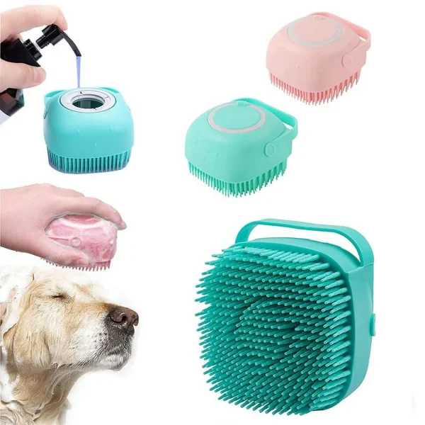 moopom Bath Brush Scrubber Soft Silicone Pet Shower Grooming Shampoo Massage Dispenser For Short Long Haired Dogs And Cats (Blue+Pink) - Image 3