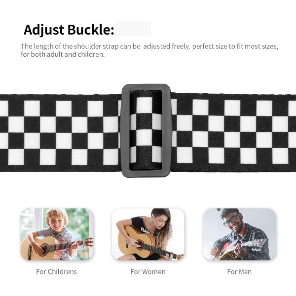 Guitar Strap, Bass Guitar Strap, Electric and Acoustic Guitar Straps - Durable Nylon Checkered Guitar Shoulder Strap with Leather Ends (Black and White Checkered) - Image 2