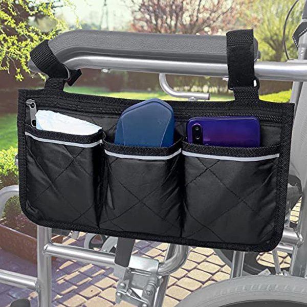 Emlimny Chair Armrest Accessories, Side Bags to Hang on Side with Bright Line Walker Pouches Waterproof Black Storage Fathers Mothers Day Gifts for Home/Outdoor/Baby Cart (Black) - Image 4