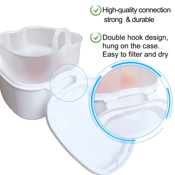 Emlimny Denture Soak Box Orthodontic Retainer Bath Box with Strainer Basket, Denture Container Dental Denture Bath Box Travel Cleaning Cup - White - Image 2