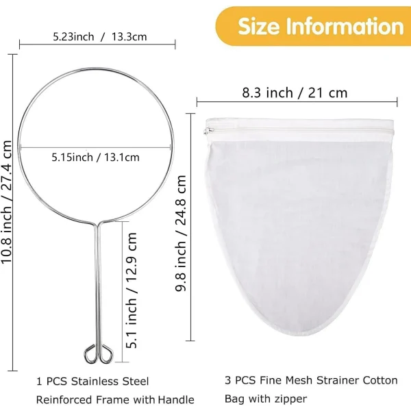 Ultra Fine Mesh Strainer Bags, Reusable Mesh Filter Bags with Stainless Steel Handle Frame for Filter NutMilk, Coffee, Milk, Butter, Juices and Fresh Cheese (Small Size) - Image 4