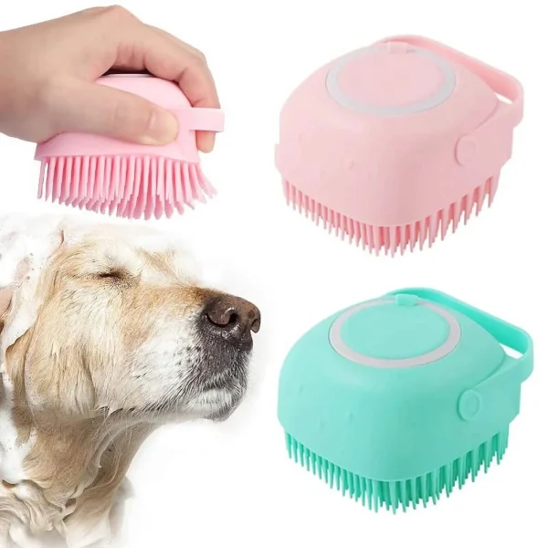 moopom Bath Brush Scrubber Soft Silicone Pet Shower Grooming Shampoo Massage Dispenser For Short Long Haired Dogs And Cats (Blue+Pink)